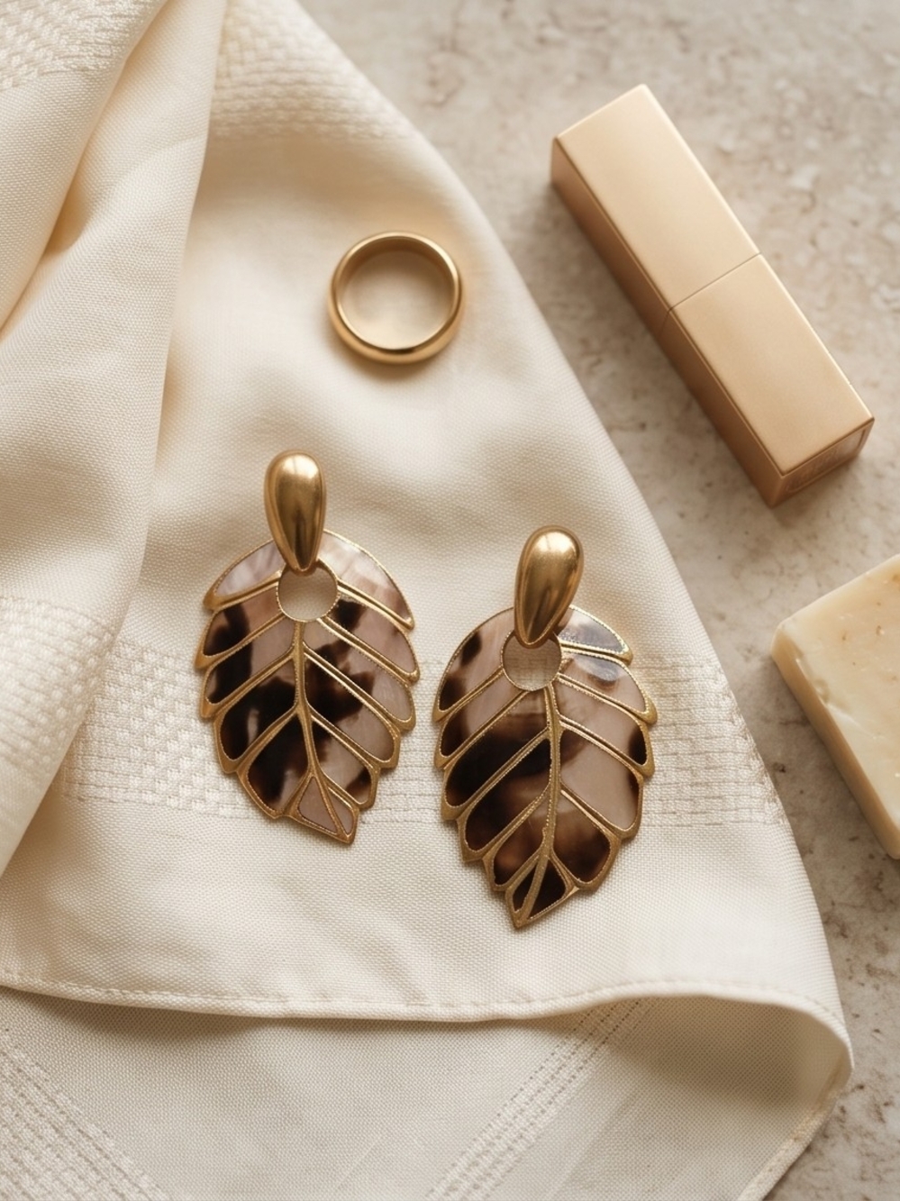 Carved Mother Of Pearls Leaf Drop Earrings in Brown and Cream